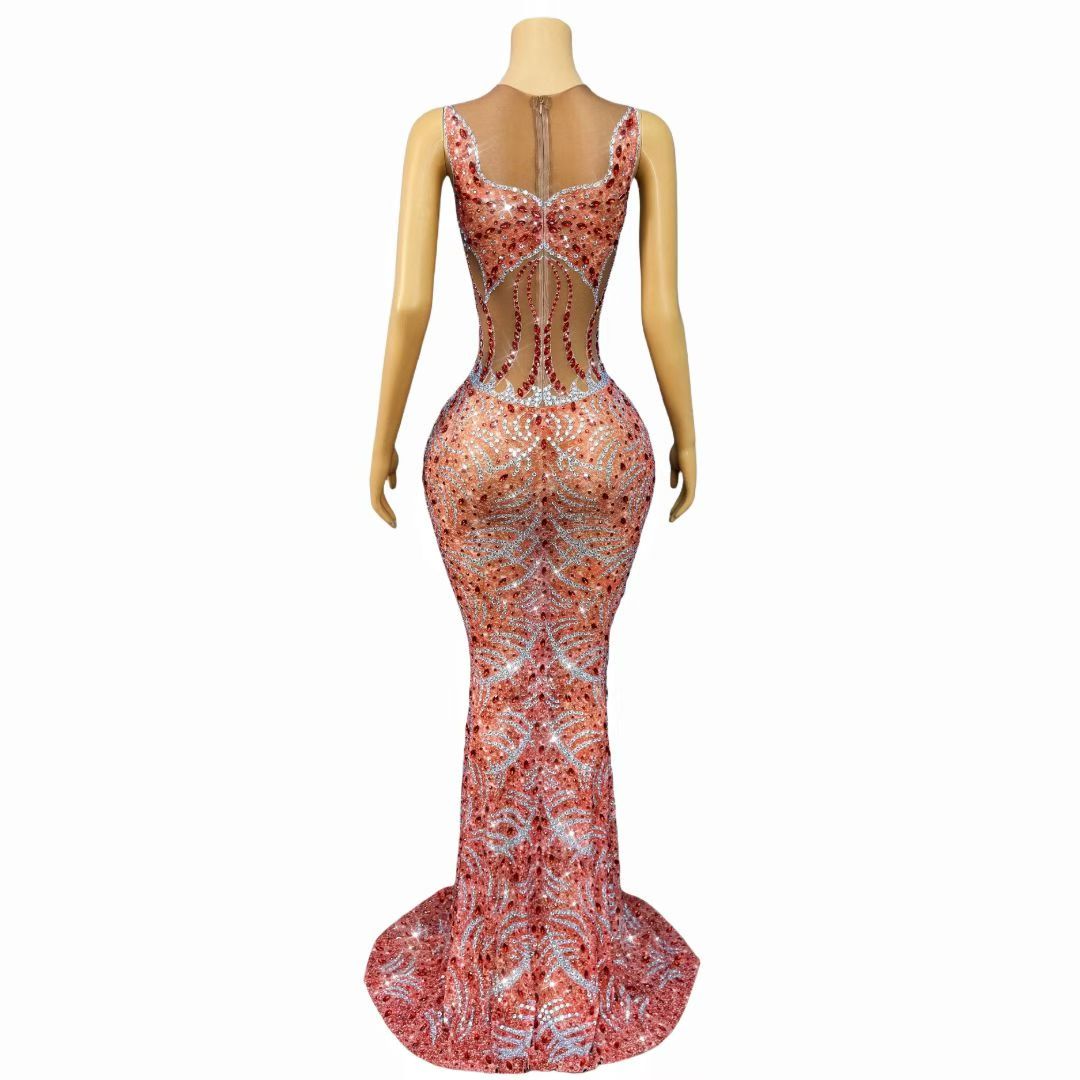 Pink Crystal Rhinestone Sheer Illusion Mermaid Gown-Red Sun