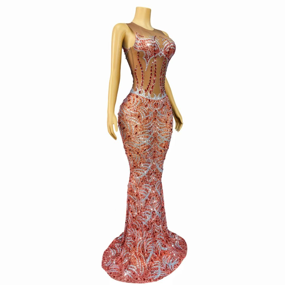 Pink Crystal Rhinestone Sheer Illusion Mermaid Gown-Red Sun