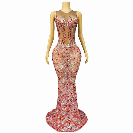 Pink Crystal Rhinestone Sheer Illusion Mermaid Gown-Red Sun