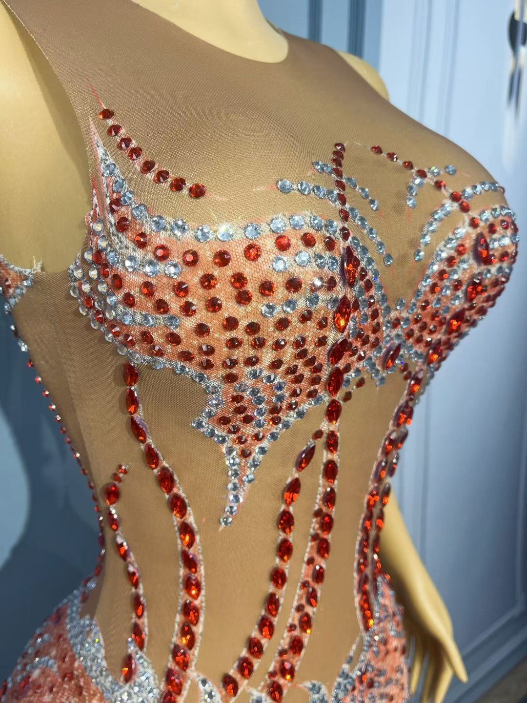 Pink Crystal Rhinestone Sheer Illusion Mermaid Gown-Red Sun