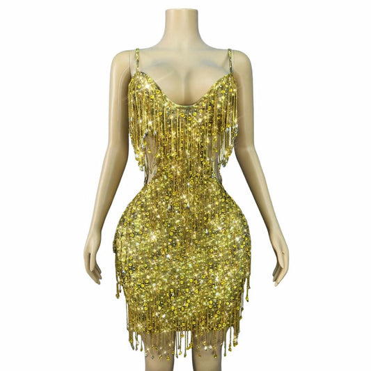 Gold Crystal Tassel Rhinestone Mini Dress-Gold mine
