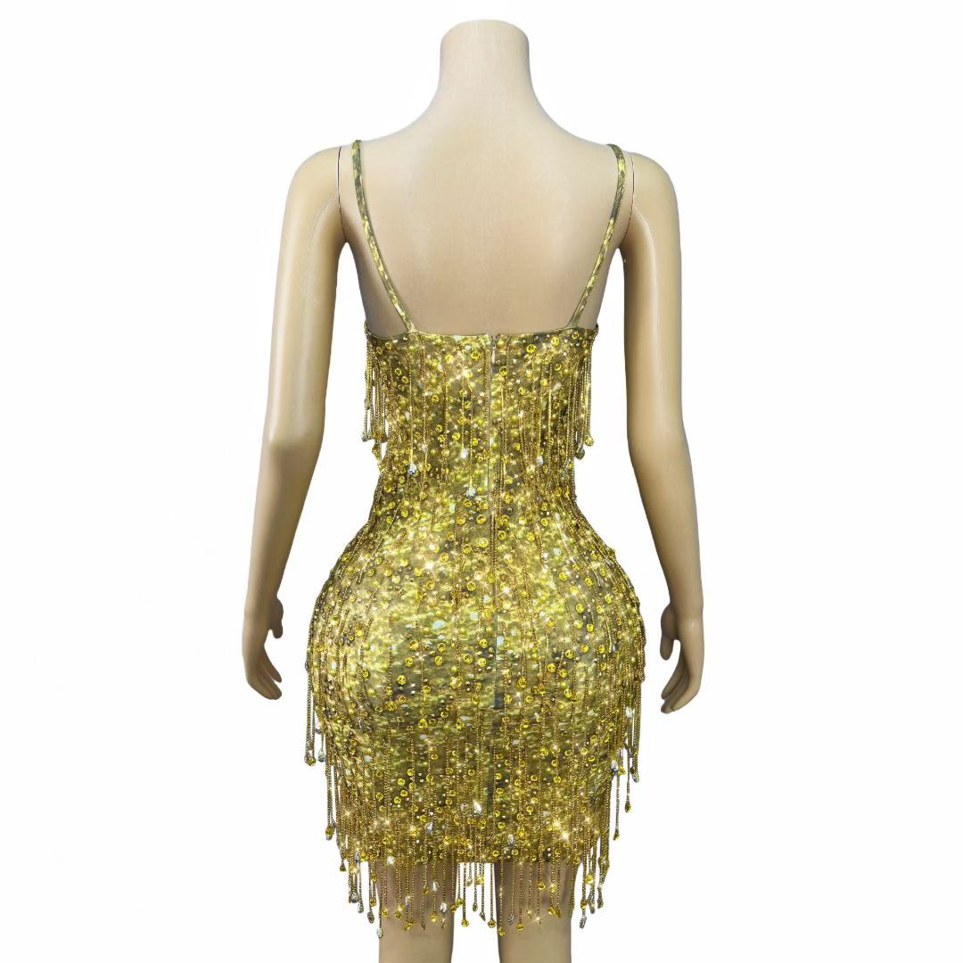 Gold Crystal Tassel Rhinestone Mini Dress-Gold mine