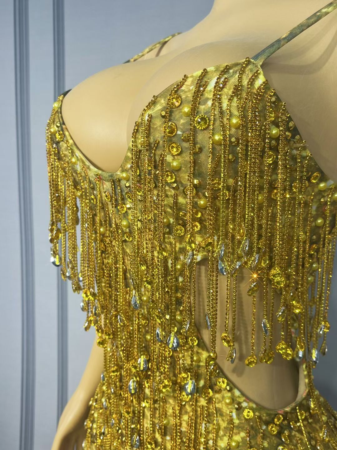 Gold Crystal Tassel Rhinestone Mini Dress-Gold mine