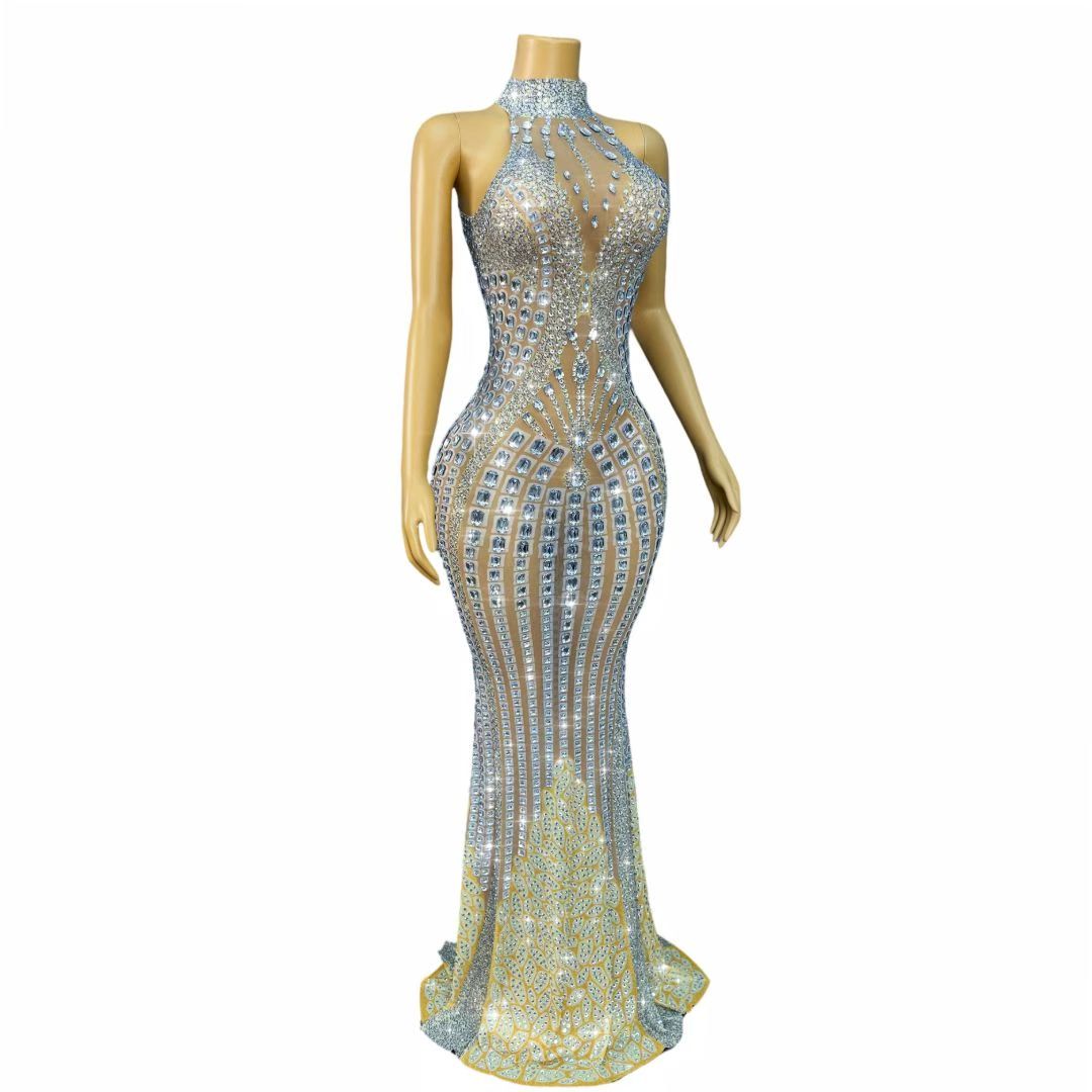 Luxury Crystal Mermaid Evening Gown | Rhinestone Halter Dress-Sheen