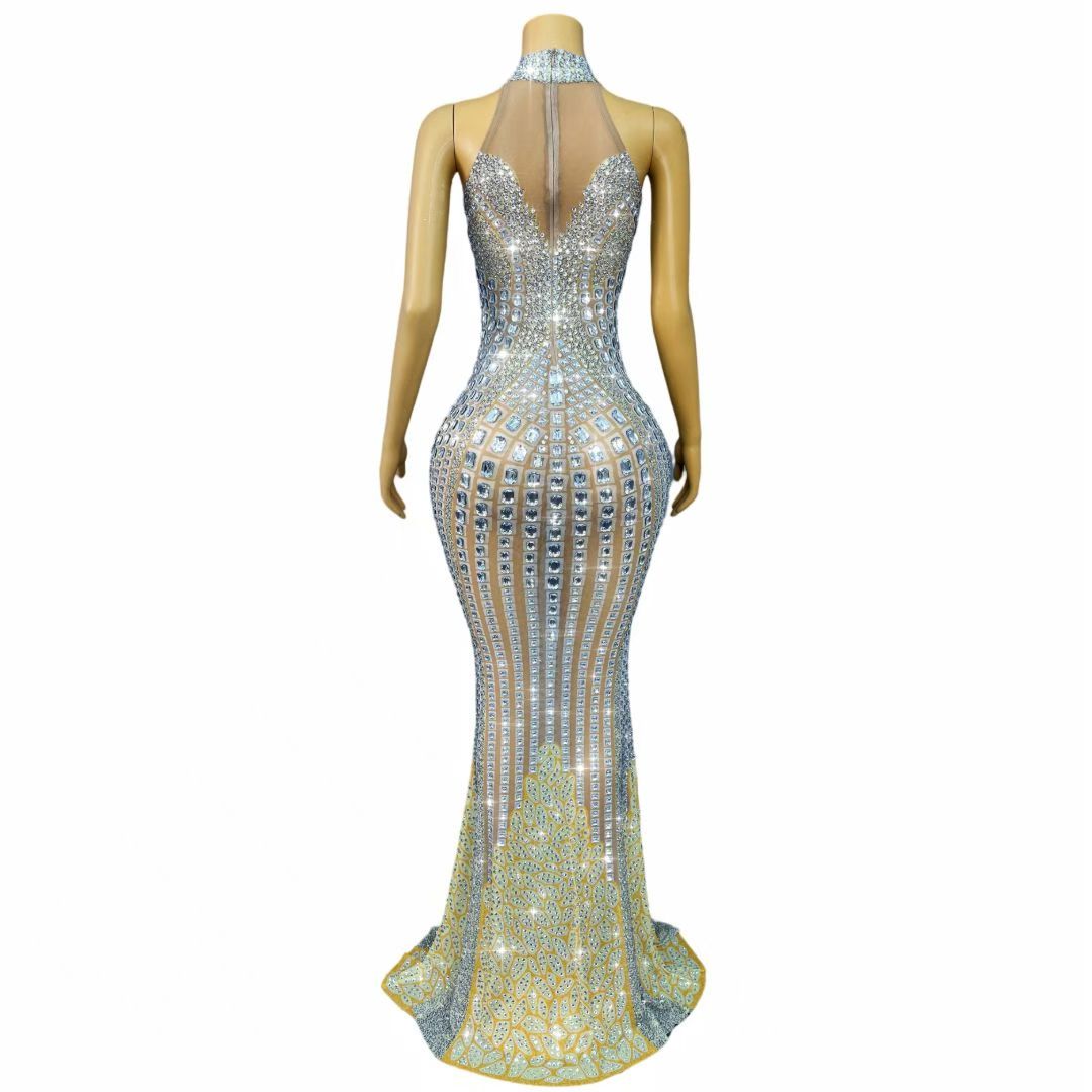 Luxury Crystal Mermaid Evening Gown | Rhinestone Halter Dress-Sheen