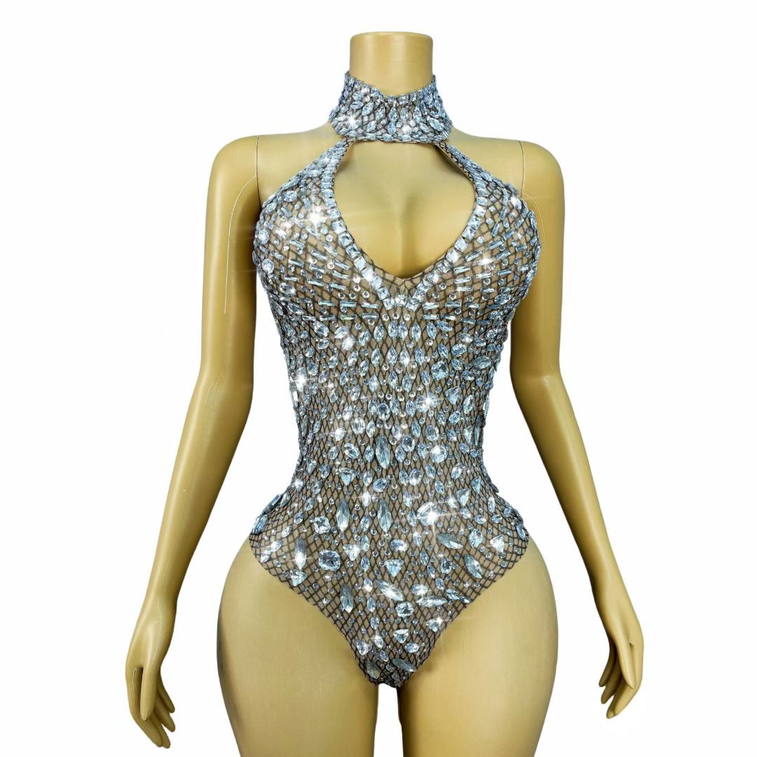 Silver Crystal Mesh Halter Bodysuit Stage Costume - Luxury