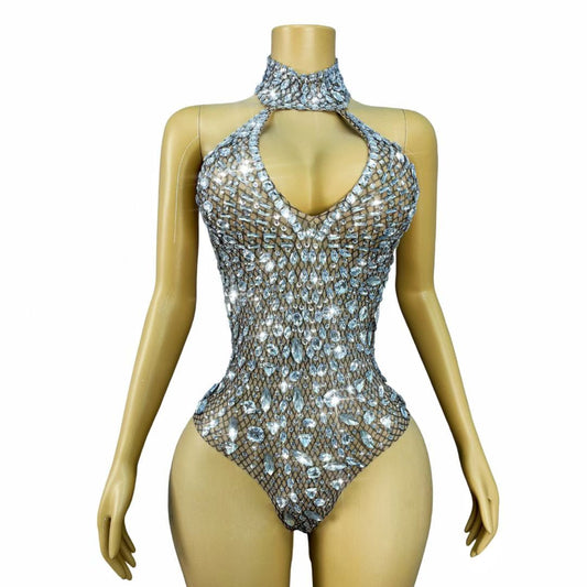 Silver Crystal Mesh Halter Bodysuit Stage Costume - Luxury