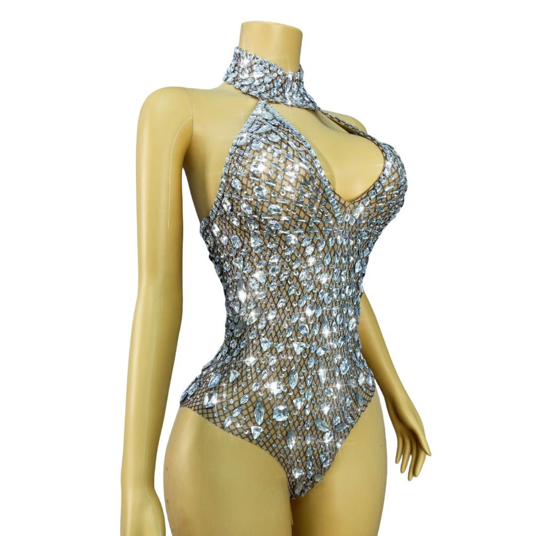 Silver Crystal Mesh Halter Bodysuit Stage Costume - Luxury