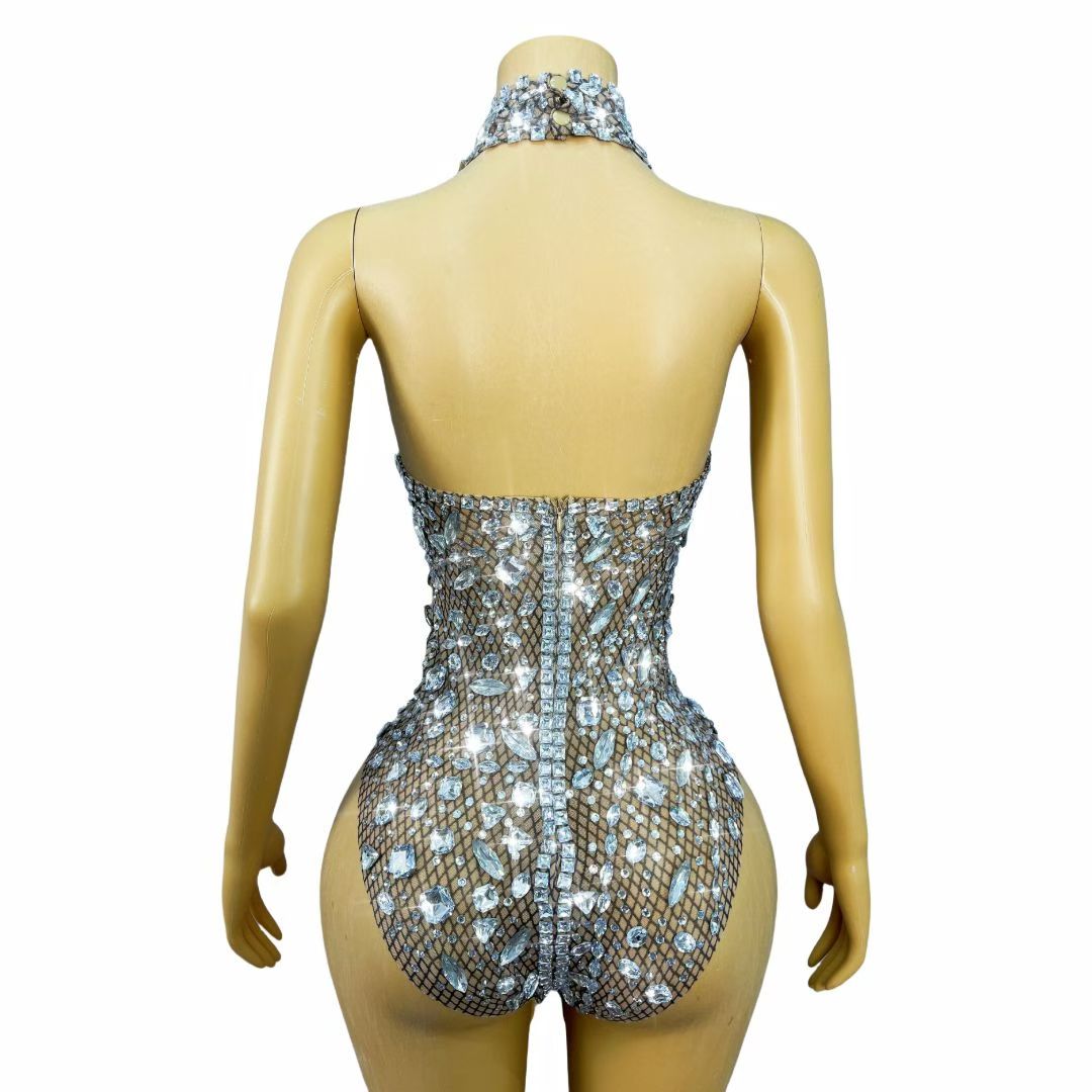 Silver Crystal Mesh Halter Bodysuit Stage Costume - Luxury
