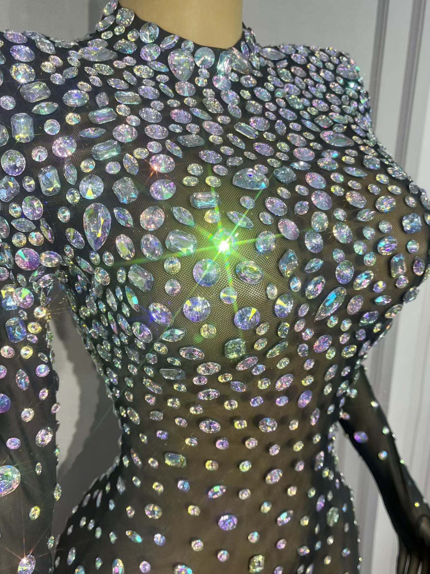 Crystal Rhinestone Event Show See Through Mesh Women Jumpsuit