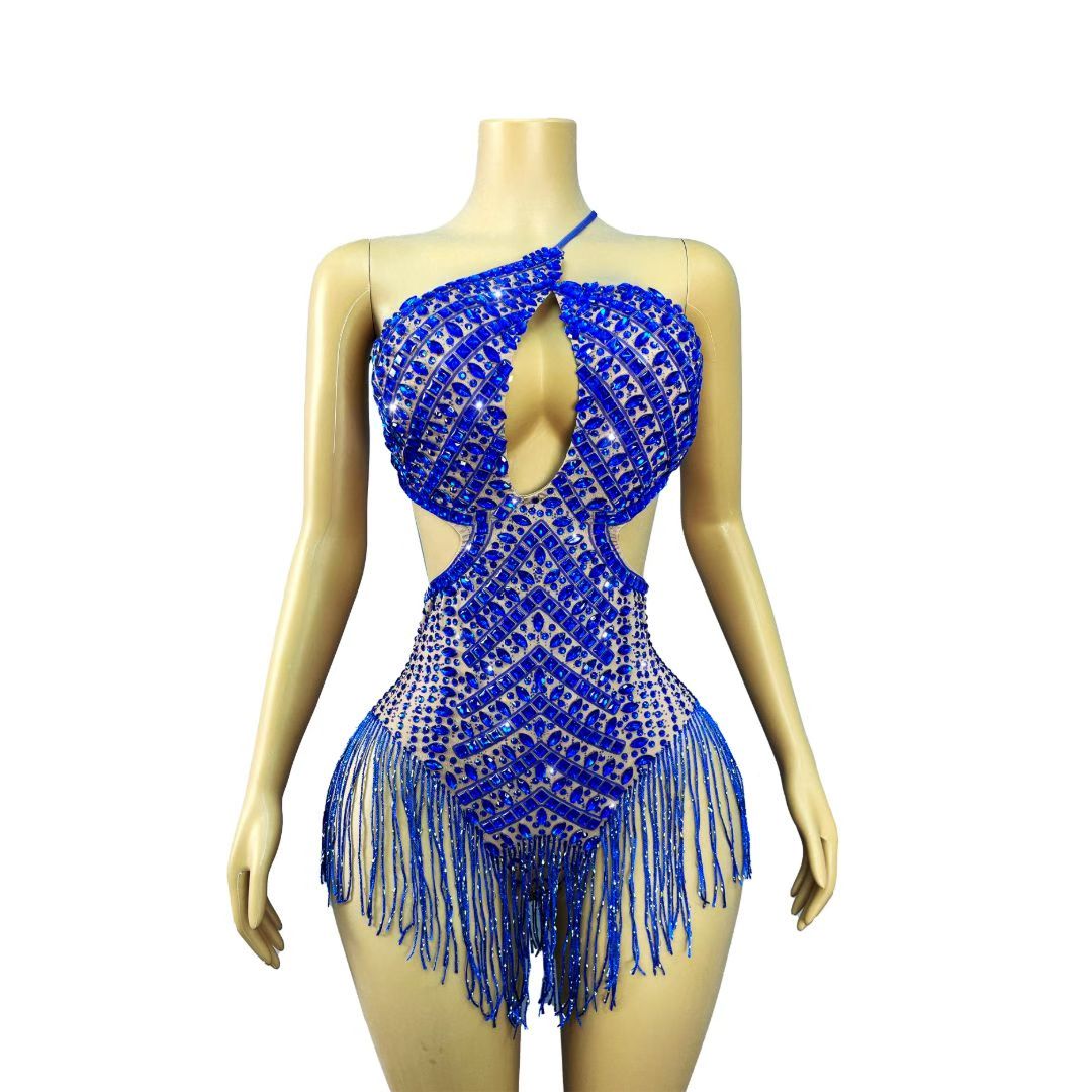 Royal Blue Crystal Tassel Cutout Halter Bodysuit – Sapphire Storm