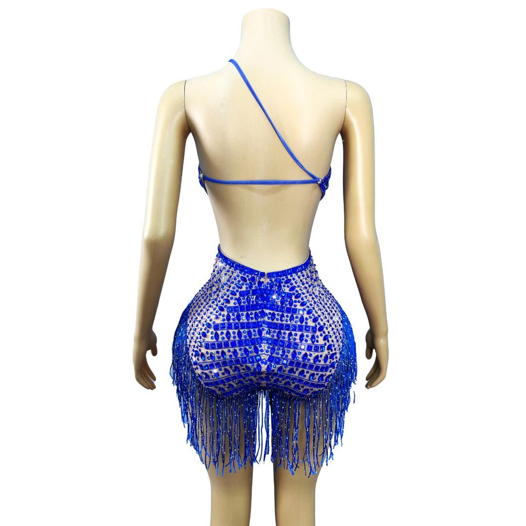 Royal Blue Crystal Tassel Cutout Halter Bodysuit – Sapphire Storm