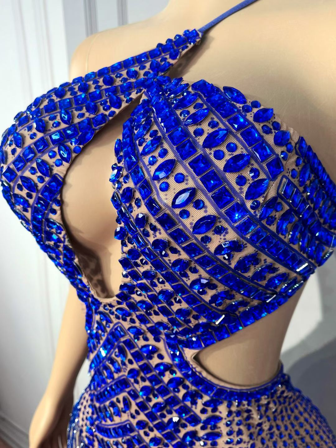 Royal Blue Crystal Tassel Cutout Halter Bodysuit – Sapphire Storm