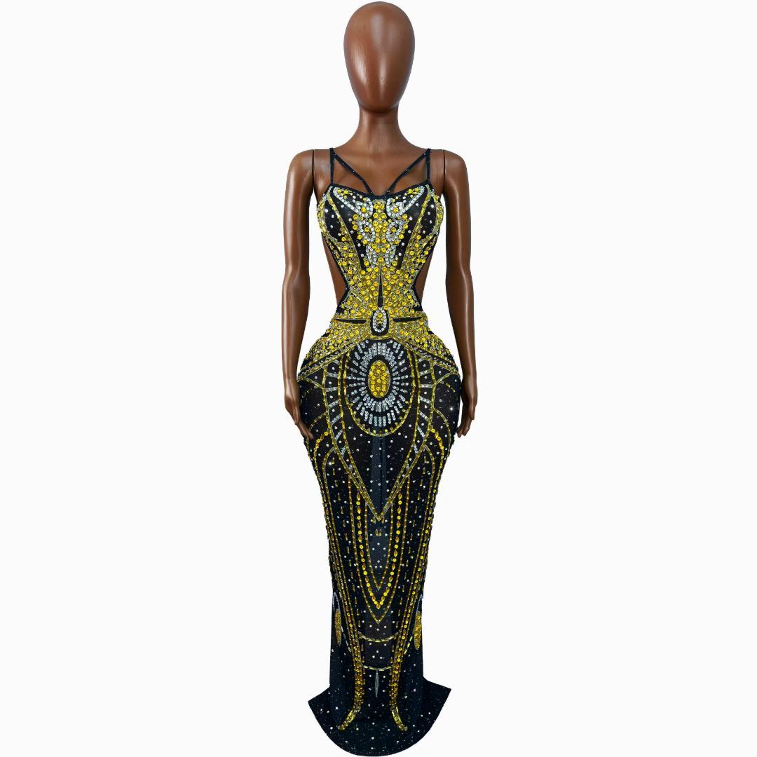 Black Gold Crystal Rhinestone Backless Mermaid Gown-Noir Thread