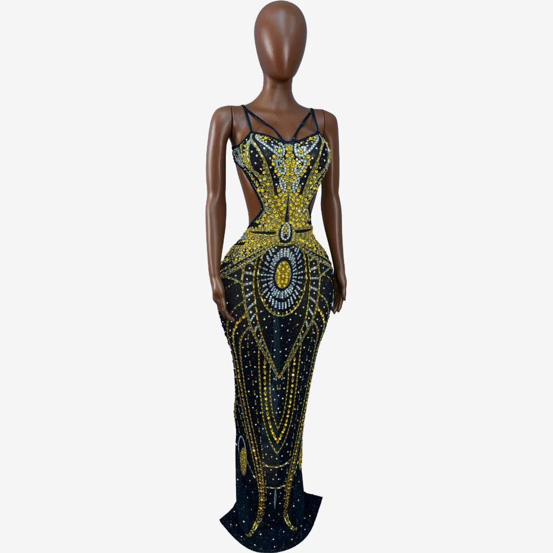 Black Gold Crystal Rhinestone Backless Mermaid Gown-Noir Thread
