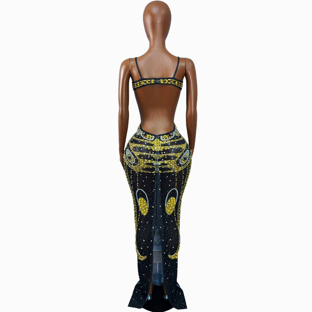 Black Gold Crystal Rhinestone Backless Mermaid Gown-Noir Thread