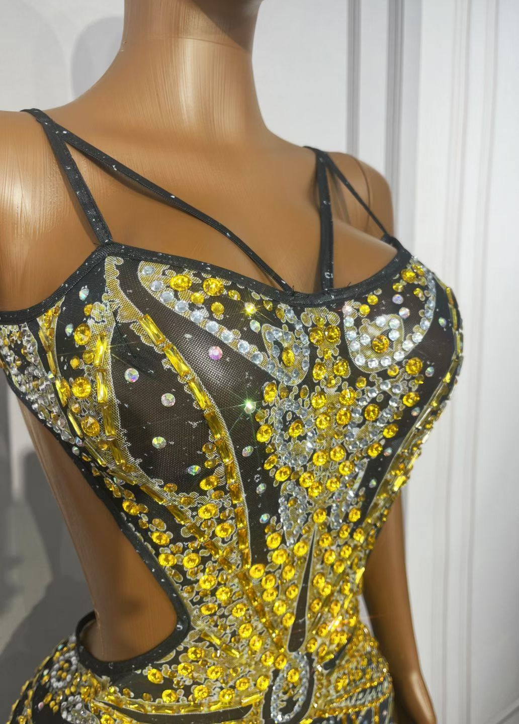 Black Gold Crystal Rhinestone Backless Mermaid Gown-Noir Thread