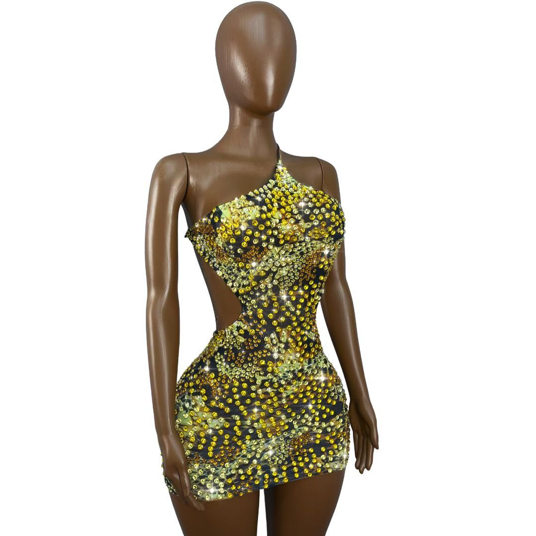 Leopard Print Crystal Cutout Rhinestone Mini Dress-Amber Glow