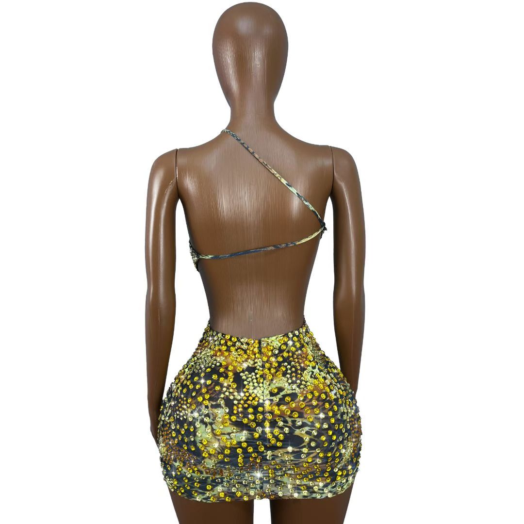 Leopard Print Crystal Cutout Rhinestone Mini Dress-Amber Glow