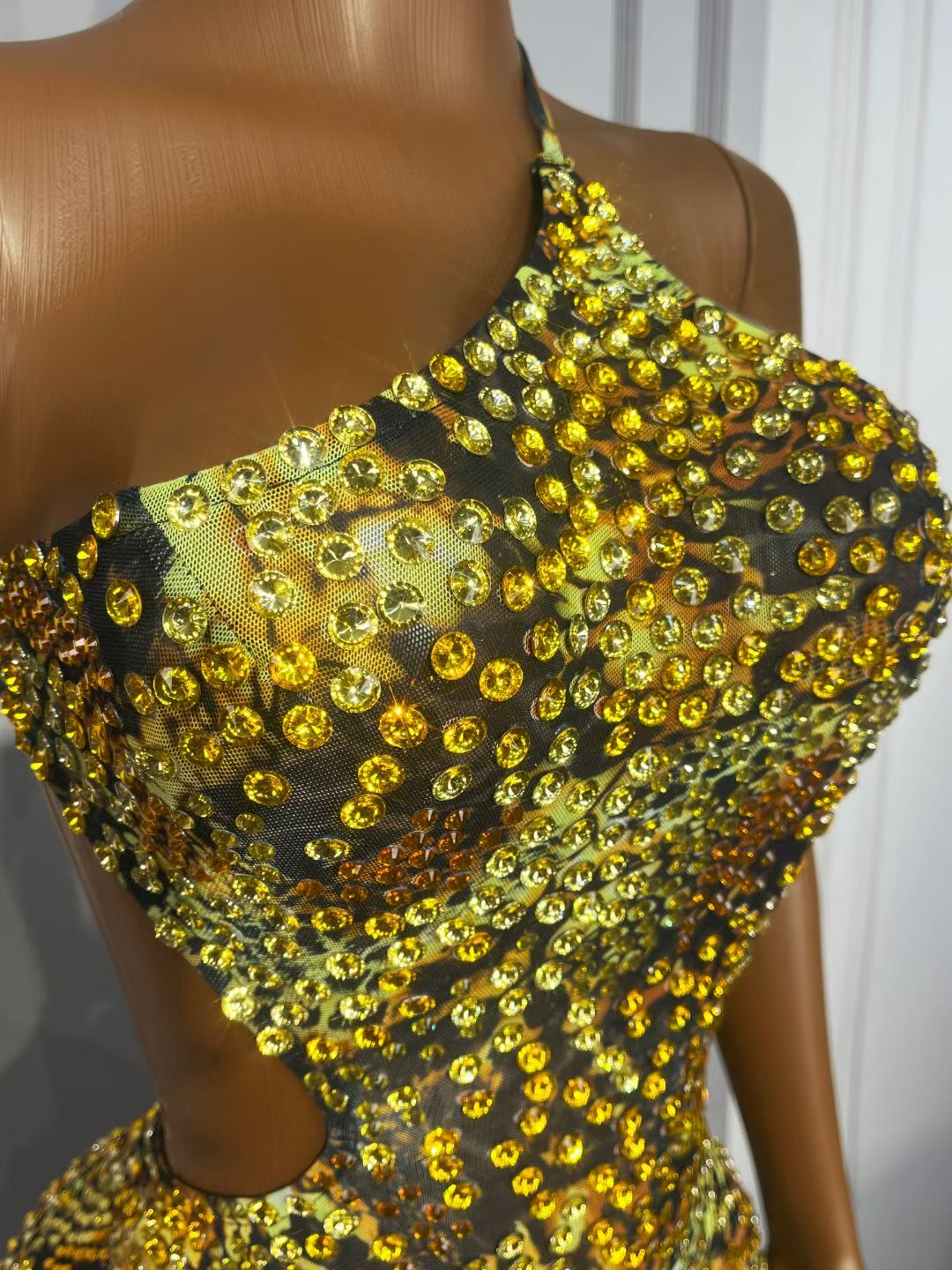 Leopard Print Crystal Cutout Rhinestone Mini Dress-Amber Glow