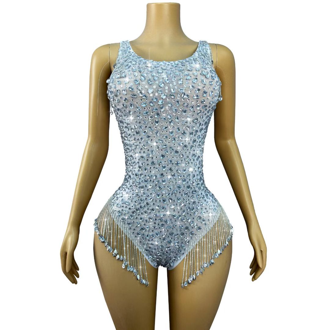 Silver Crystal Tassel Tank Bodysuit Stage Costume – Stardust Rain