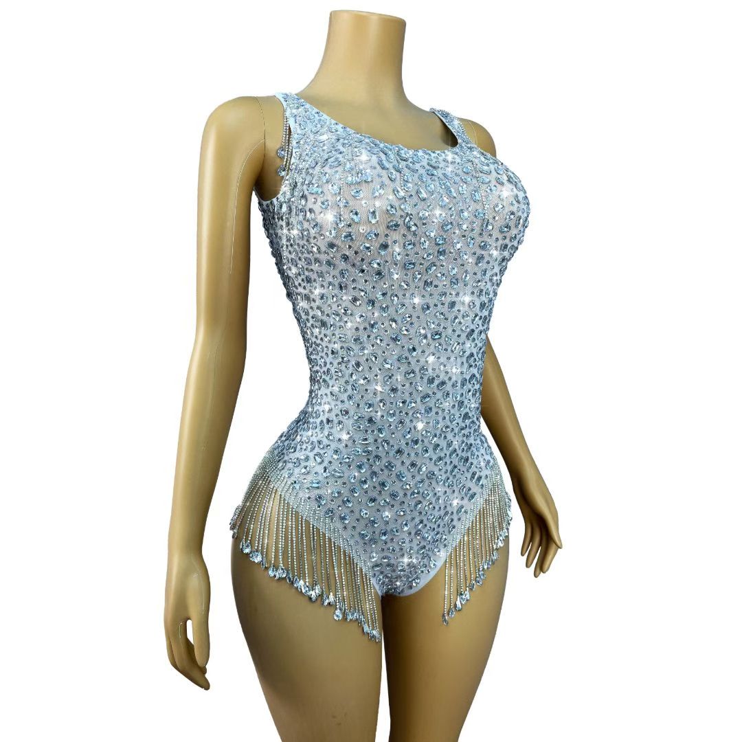 Silver Crystal Tassel Tank Bodysuit Stage Costume – Stardust Rain