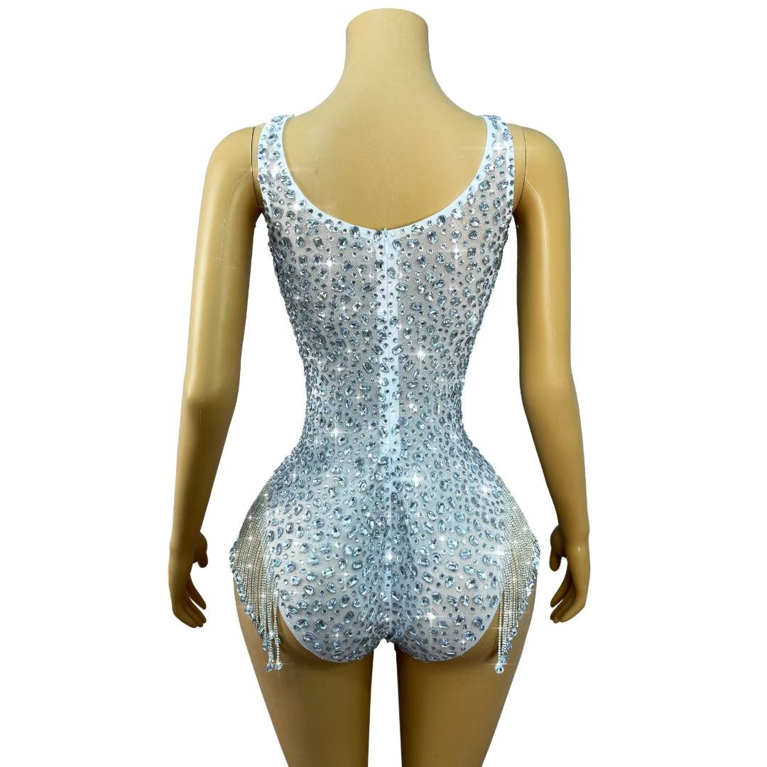 Silver Crystal Tassel Tank Bodysuit Stage Costume – Stardust Rain