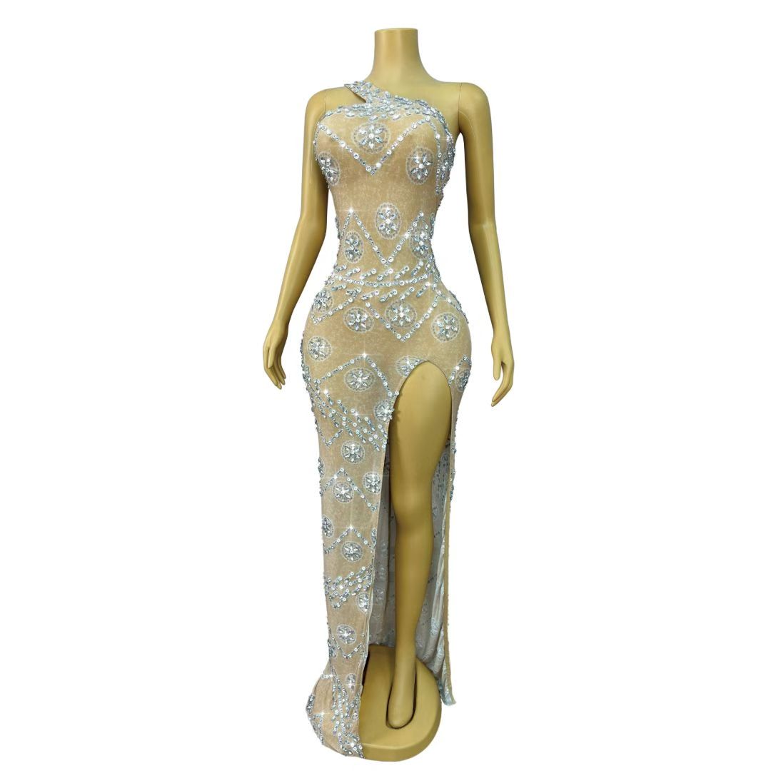 Silver Crystal Floral Rhinestone One-Shoulder Slit Maxi Gown-Rotfleur