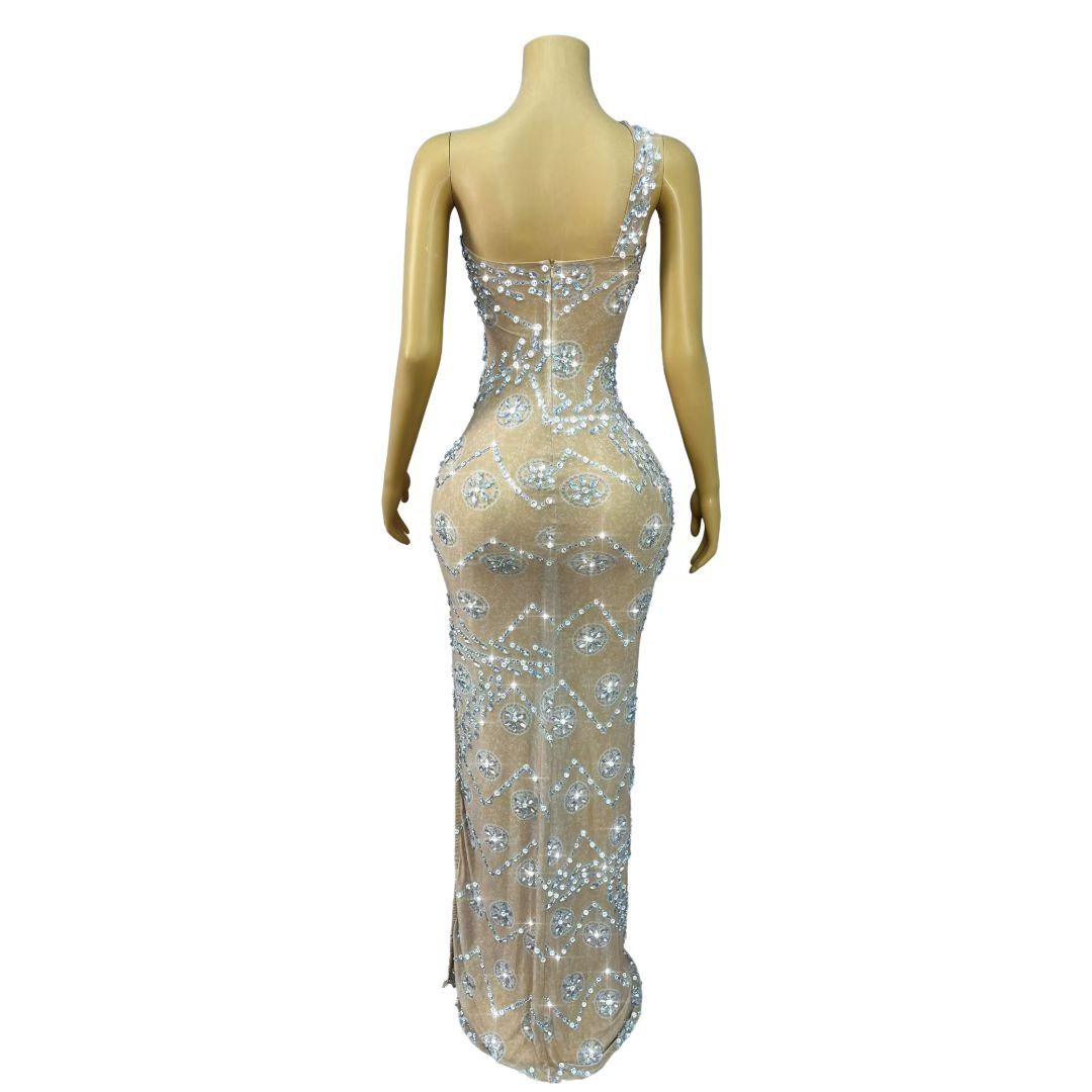 Silver Crystal Floral Rhinestone One-Shoulder Slit Maxi Gown-Rotfleur