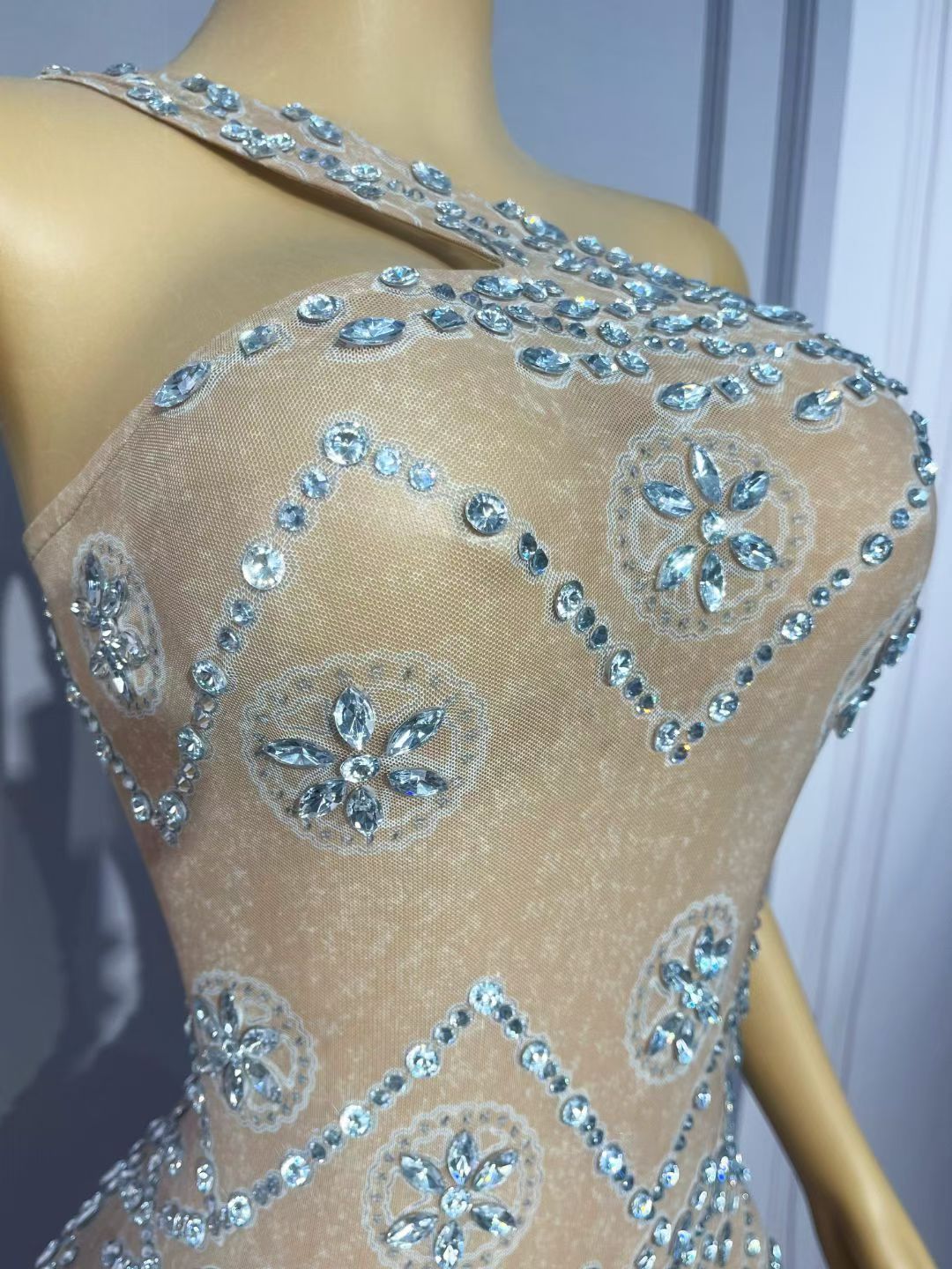 Silver Crystal Floral Rhinestone One-Shoulder Slit Maxi Gown-Rotfleur
