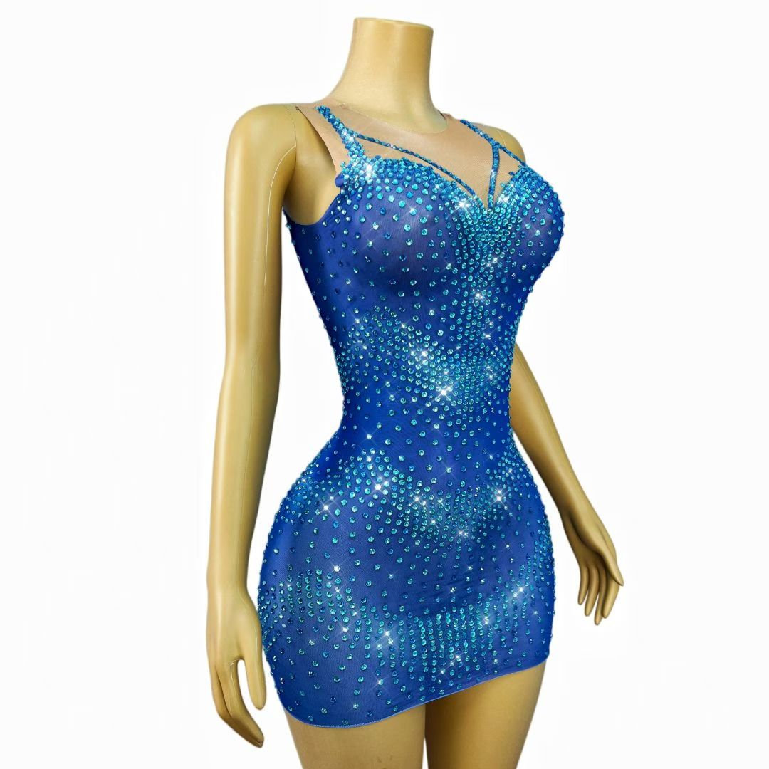 Blue Crystal Spaghetti Strap Mini Dress – Azure Glow