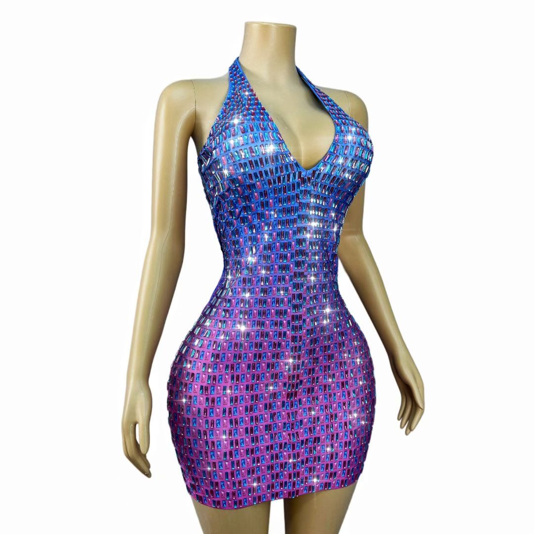 Blue Purple Gradient Baguette Crystal Halter Mini Dress – Galaxy Disco