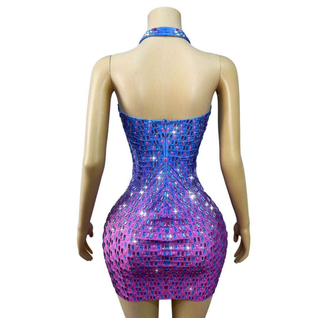 Blue Purple Gradient Baguette Crystal Halter Mini Dress – Galaxy Disco