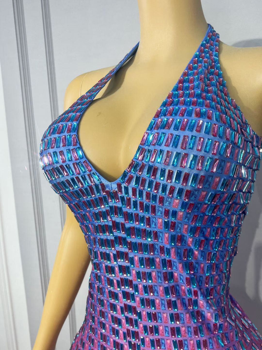 Blue Purple Gradient Baguette Crystal Halter Mini Dress – Galaxy Disco