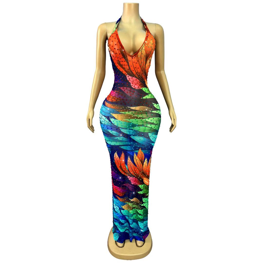 Rainbow Flame Crystal Rhinestone Halter Maxi Dress-Color-leafed