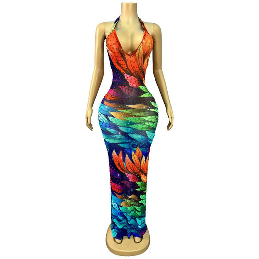 Rainbow Flame Crystal Rhinestone Halter Maxi Dress-Color-leafed