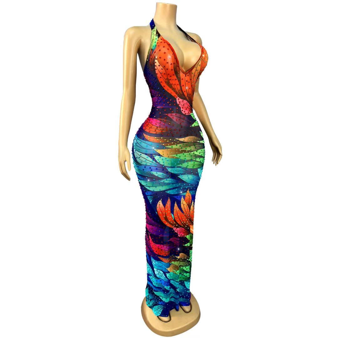 Rainbow Flame Crystal Rhinestone Halter Maxi Dress-Color-leafed