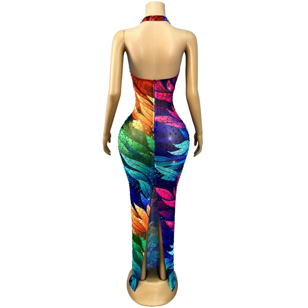 Rainbow Flame Crystal Rhinestone Halter Maxi Dress-Color-leafed
