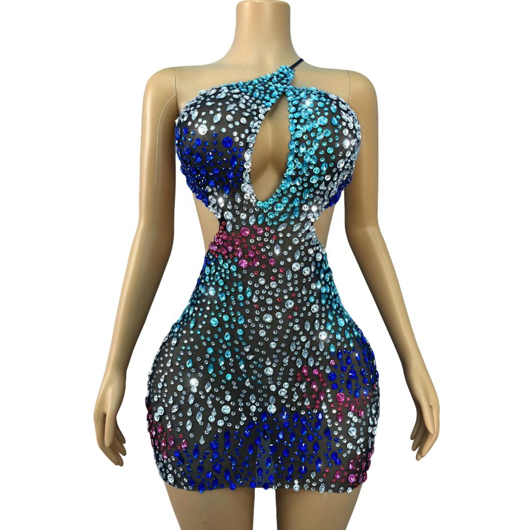 Multicolor Crystal Cutout Halter Mini Dress – Aurora Burst