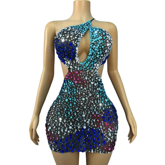 Multicolor Crystal Cutout Halter Mini Dress – Aurora Burst
