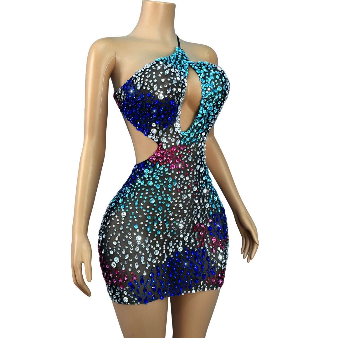 Multicolor Crystal Cutout Halter Mini Dress – Aurora Burst