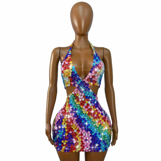 Rainbow Crystal Cutout Rhinestone Mini Dress-Palette
