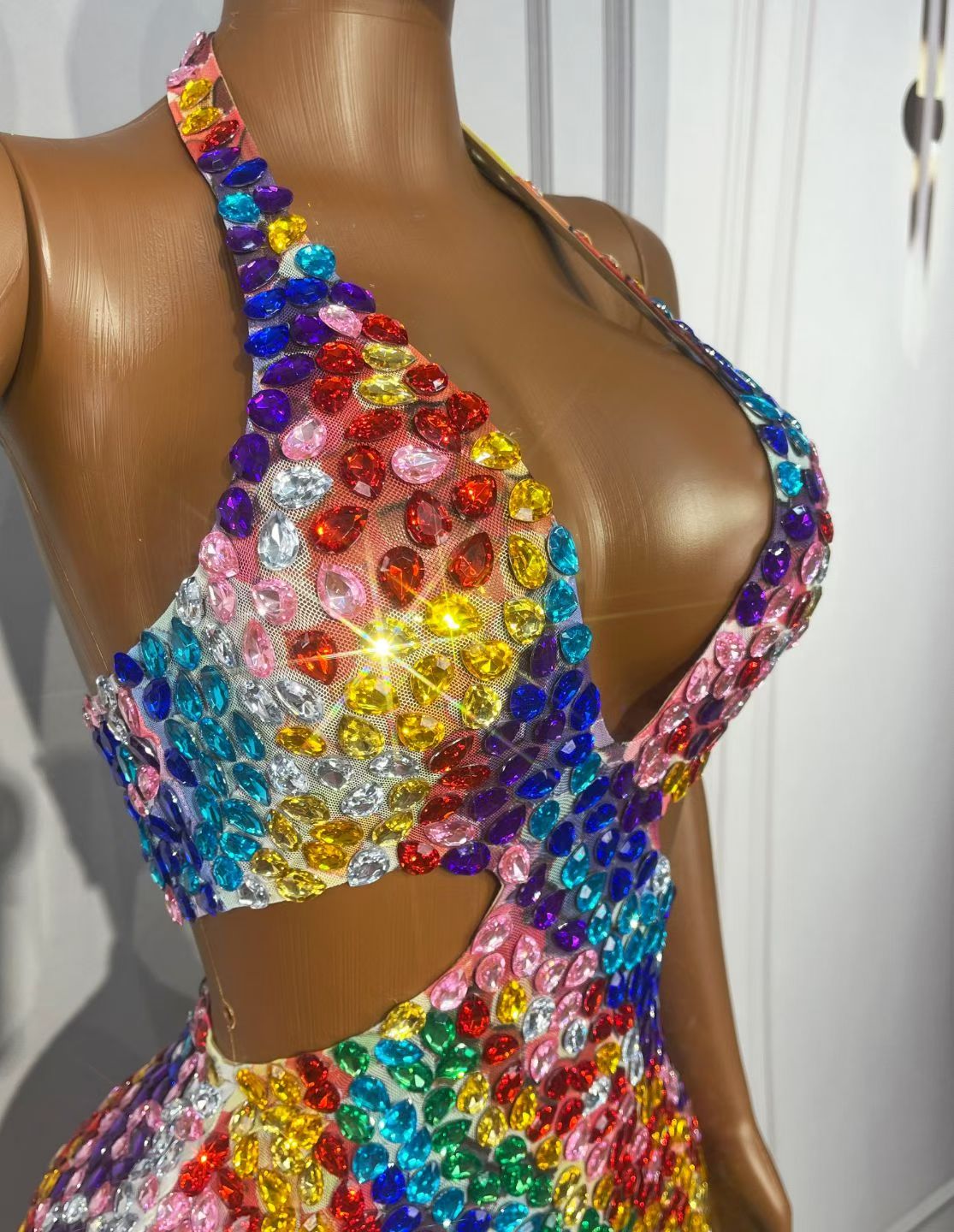 Rainbow Crystal Cutout Rhinestone Mini Dress-Palette