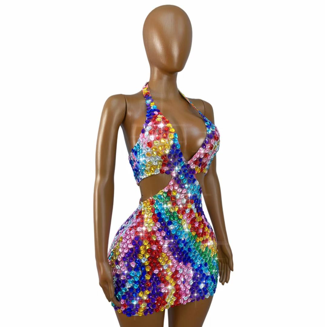 Rainbow Crystal Cutout Rhinestone Mini Dress-Palette