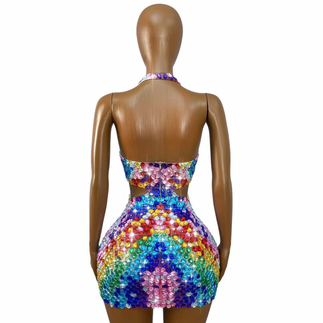 Rainbow Crystal Cutout Rhinestone Mini Dress-Palette