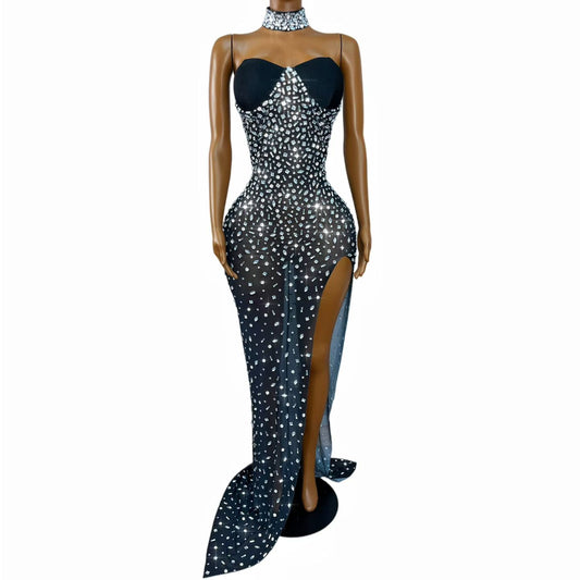 Elegant Black Crystal Strapless Maxi Dress – Midnight Noir