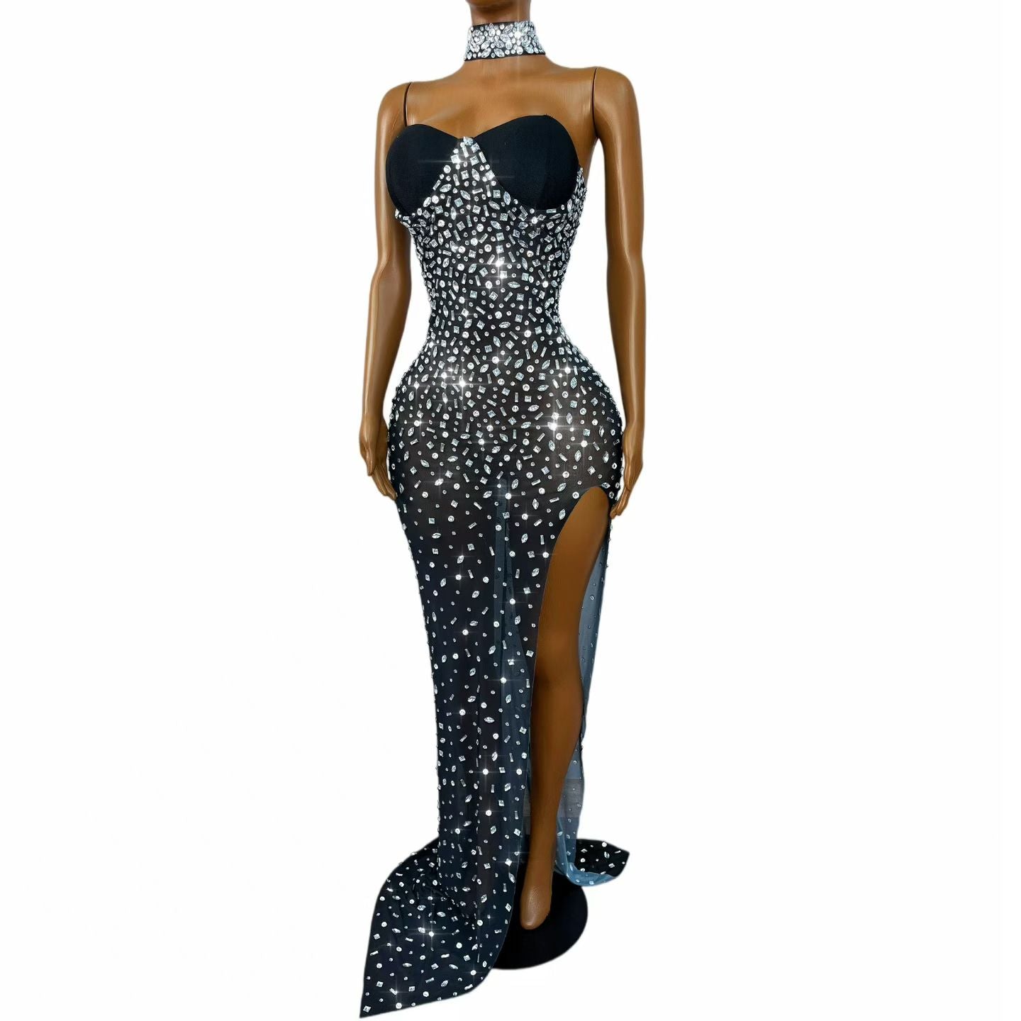 Elegant Black Crystal Strapless Maxi Dress – Midnight Noir