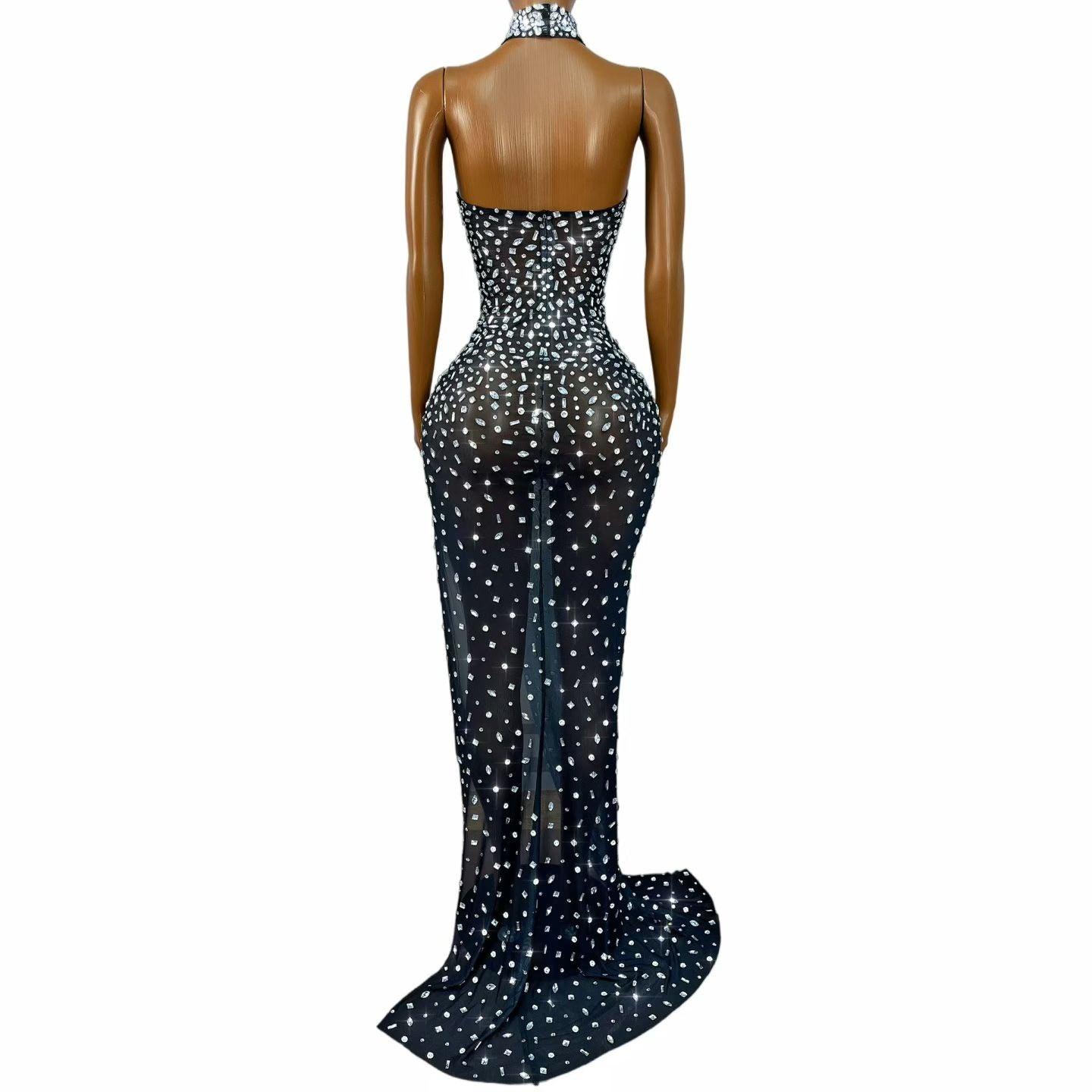 Elegant Black Crystal Strapless Maxi Dress – Midnight Noir