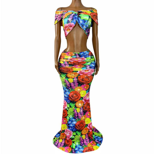 Colorful Floral Crystal Rhinestone Off-Shoulder Mermaid Gown Set – Garden Bloom