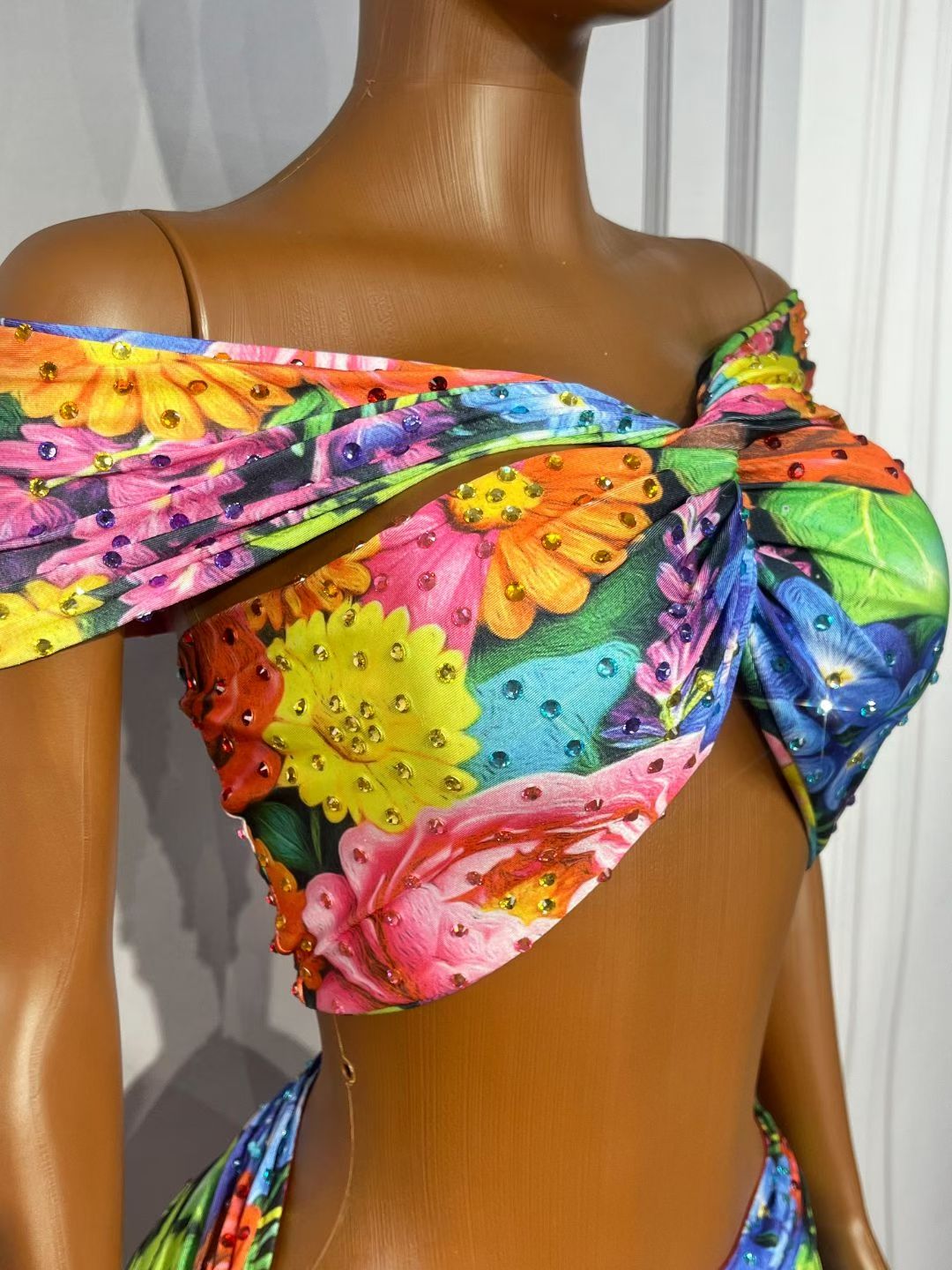 Colorful Floral Crystal Rhinestone Off-Shoulder Mermaid Gown Set – Garden Bloom